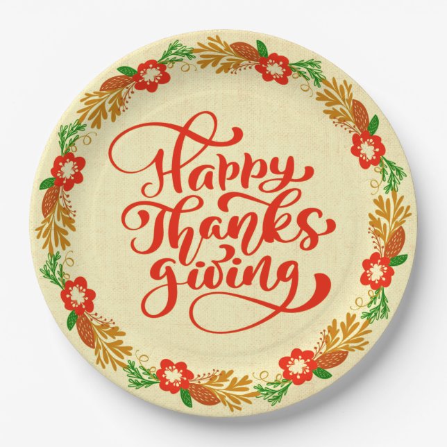 Happy Thanksgiving Red Gold Wreath 9" Pappteller (Vorderseite)