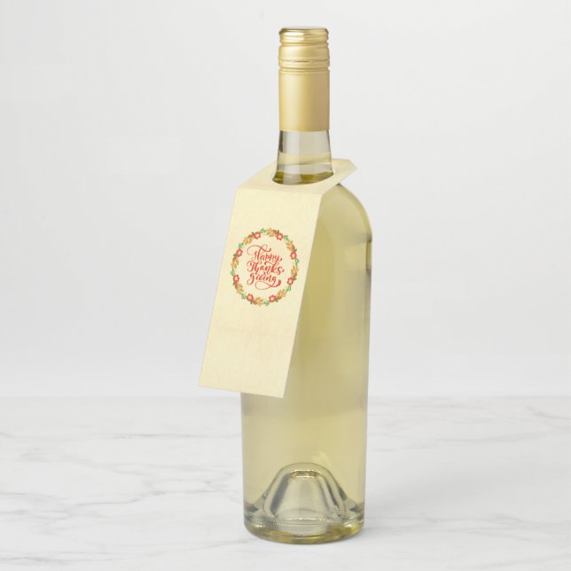 Happy Thanksgiving Red Gold Wreath Flaschenanhänger (Angewinkelt)