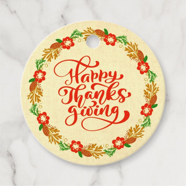 Happy Thanksgiving Red Gold Wreath Geschenkanhänger (Vorderseite)