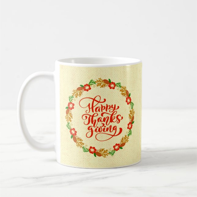 Happy Thanksgiving Red Gold Wreath Kaffeetasse (Links)