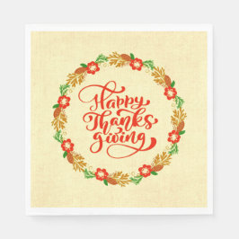 Happy Thanksgiving Red Gold Wreath Luncheon Serviette
