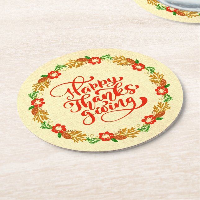 Happy Thanksgiving Red Gold Wreath Runder Pappuntersetzer (Angewinkelt)