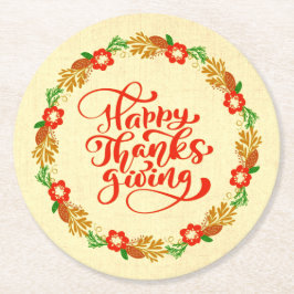 Happy Thanksgiving Red Gold Wreath Runder Pappuntersetzer