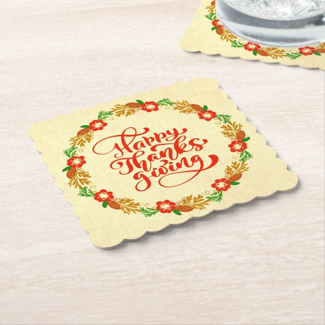 Happy Thanksgiving Red Gold Wreath Untersetzer (angewinkelt)