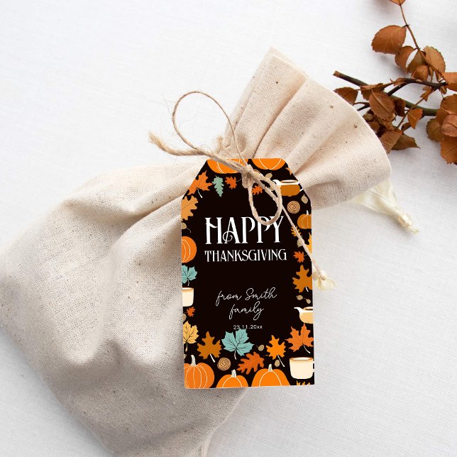 Happy Thanksgiving Retro-Kürbis Ahorn Blätter Geschenkanhänger (Happy thanksgiving favor gift tags retro style pumpkins maple leaves acorns and cups dark brown)