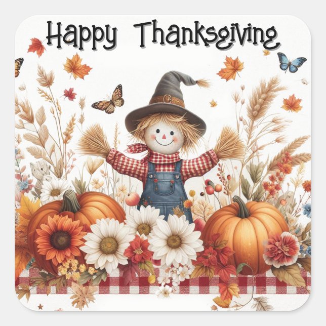 Happy Thanksgiving Scarecrow Quadratischer Aufkleber (Vorderseite)