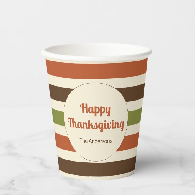 Happy Thanksgiving Script Herbst Farben Streifen Pappbecher (Vorderseite)