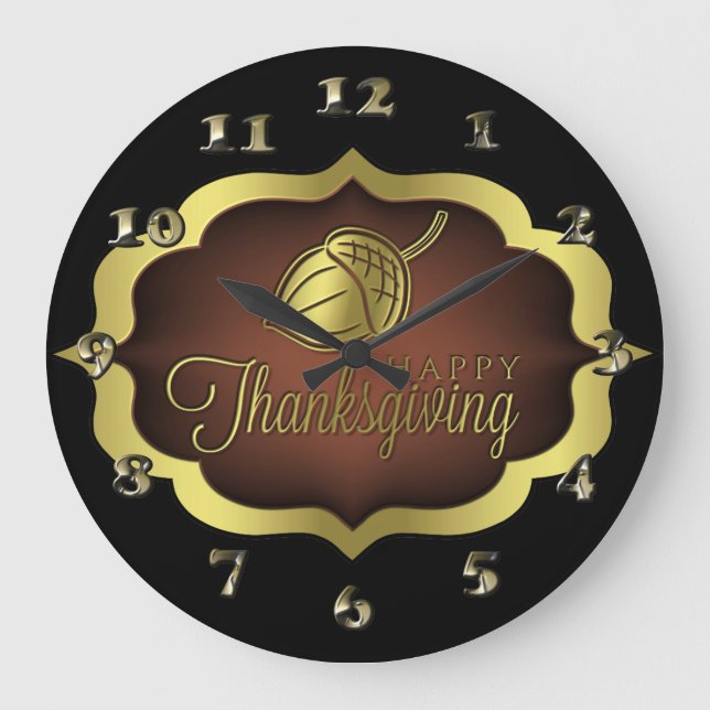 Happy Thanksgiving Shield mit Acorn Große Wanduhr (Vorderseite)