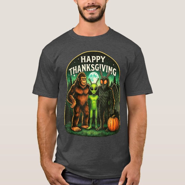 Happy Thanksgiving Shirt Men Bigfoot Alien Mothman (Vorderseite)
