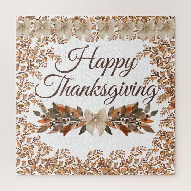 “Happy Thanksgiving” Taupe Leaves Fall Puzzle (Vertikal)