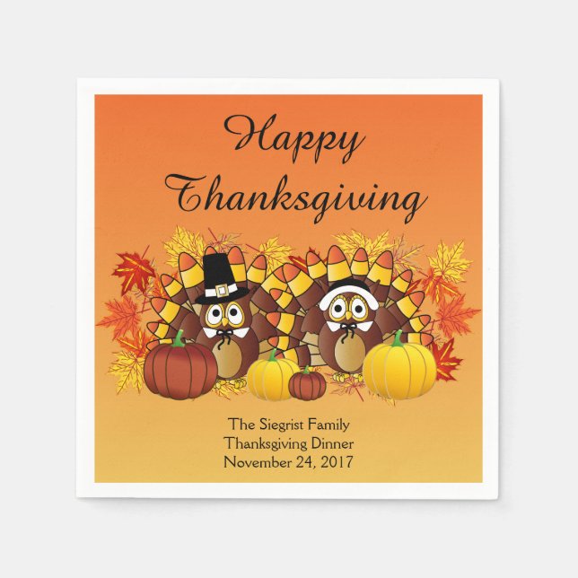Happy Thanksgiving Turkey Owl Pilgrims Serviette (Vorderseite)