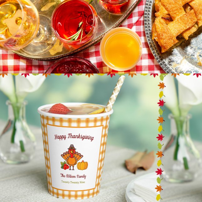 Happy Thanksgiving Turkey Pumpkin Gelb Kariert Pappbecher (Von Creator hochgeladen)