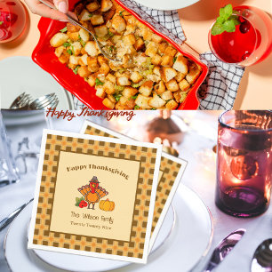 Happy Thanksgiving Turkey Pumpkin Gingham Pattern Serviette