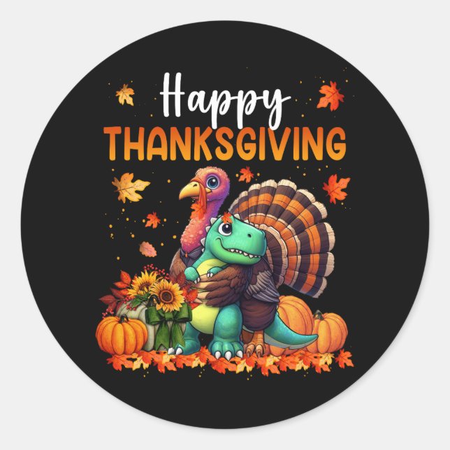 Happy Thanksgiving Turkey umarmt Dinosaurier-Freun Runder Aufkleber (Vorderseite)