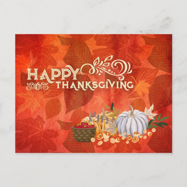Happy Thanksgiving Typografie Autumn Leaf Pumpkins Postkarte (Vorderseite)