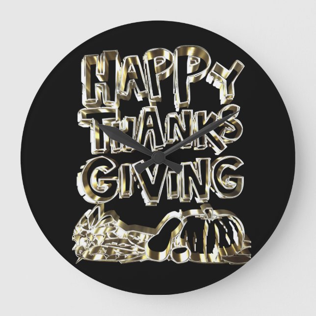 Happy Thanksgiving Typografie Gold Harvest Pumpkin Große Wanduhr (Vorderseite)