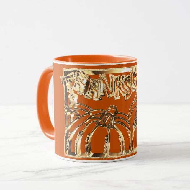 Happy Thanksgiving Typografie Gold Orange Pumpkins Tasse (Vorderseite Links)