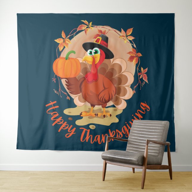 Happy Thanksgiving Typografy Tapestry Wandteppich (Beispiel (Horizontal))