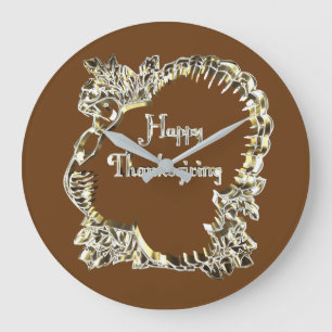 Happy Thanksgiving Typography Golden Turkey Große Wanduhr