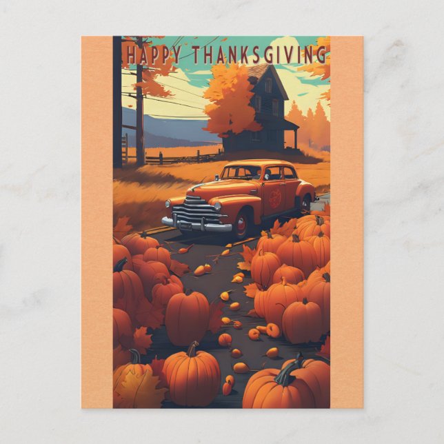 Happy Thanksgiving Vintage Car Orange Pumpkin Postkarte (Vorderseite)