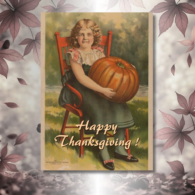 Happy Thanksgiving | Vintages Mädchen mit Pumpkin Karte (Von Creator hochgeladen)