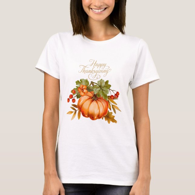 Happy Thanksgiving Wassercolor Pumpkin und Berries T-Shirt (Vorderseite)