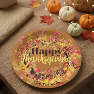 Happy Thanksgiving Watercolor Herbstlaubs Wreath Pappteller