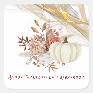 Happy Thanksgiving Watercolor Pumpkin Golden Ribon Quadratischer Aufkleber