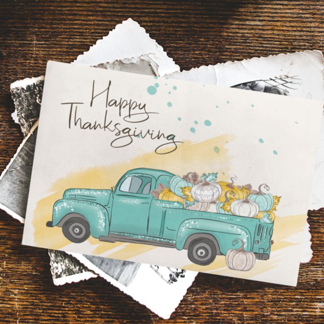 Happy Thanksgiving Watercolor Pumpkin Truck Postkarte (Von Creator hochgeladen)