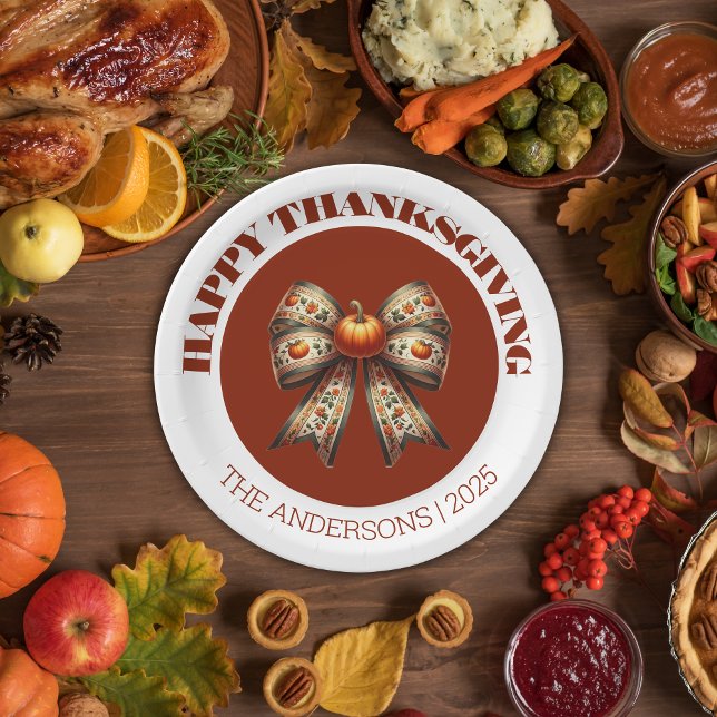 Happy Thanksgiving white& brown cute elegant  Pappteller (Von Creator hochgeladen)