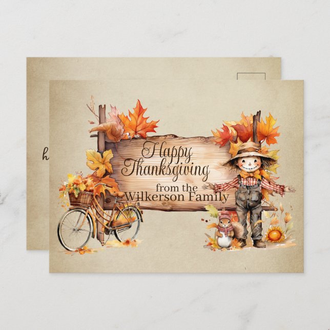 Happy Thanksgiving Wood Sign & Herbst Szene Postkarte (Vorne/Hinten)