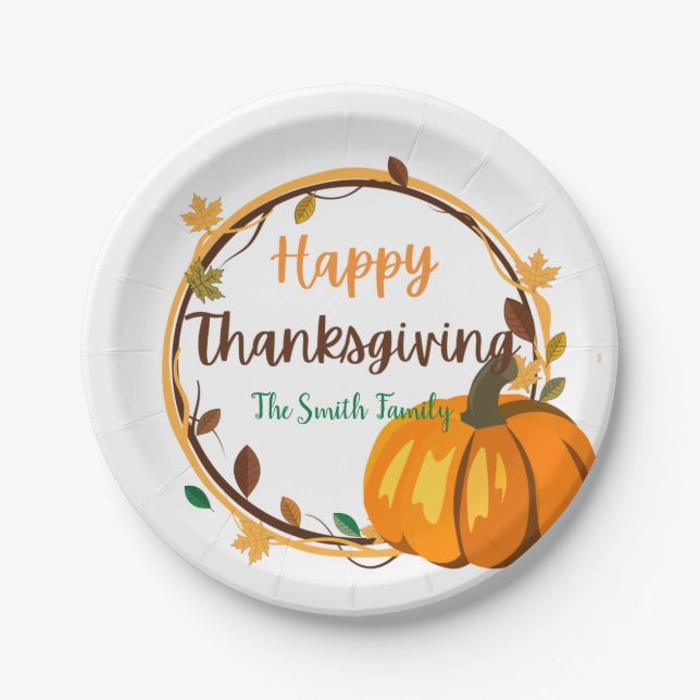 Happy Thanksgiving Wreath Paper Tellers, 7" Runde Pappteller (Vorderseite)