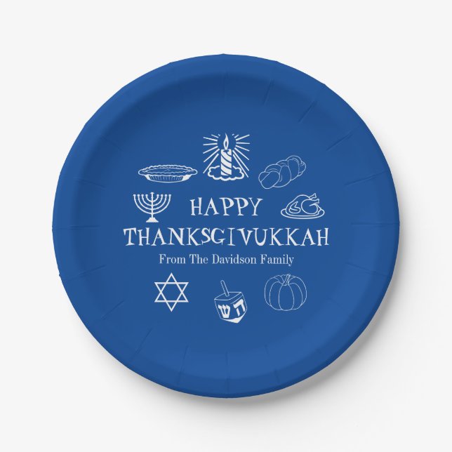 Happy Thanksgivukkah blauer Erntedank Hanukkah Pappteller (Vorderseite)