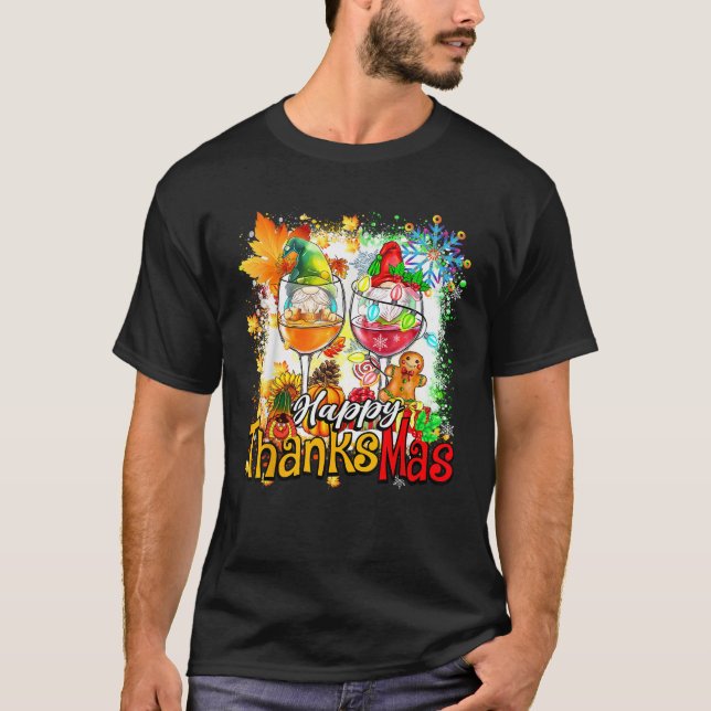 Happy Thanksmas Thanksgiving Christmas Gnomes Wine T-Shirt (Vorderseite)