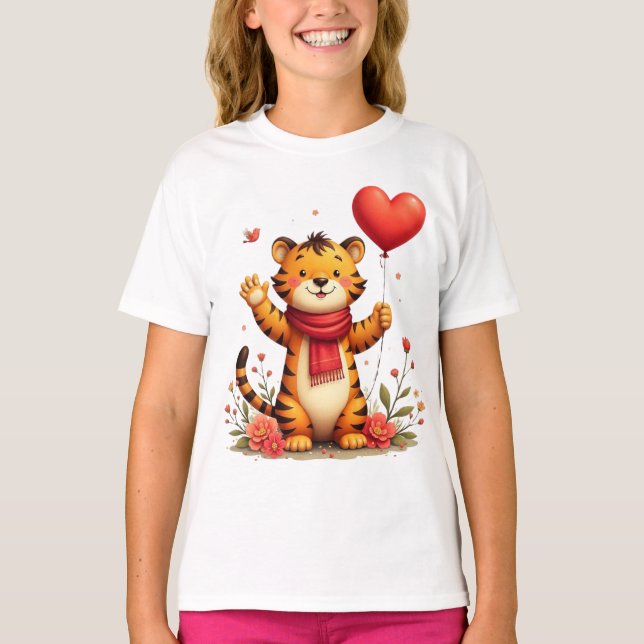 Happy Tiger Holding A Heart Balloon T-Shirt (Vorderseite)
