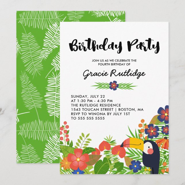 Happy Toucan Tropical Kindergeburtstag Party Einladung (Vorne/Hinten)