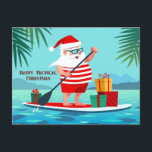 Happy Tropical Christmas Santa Feiertagspostkarte<br><div class="desc">Santa auf Paddelbrett Hintergrund</div>
