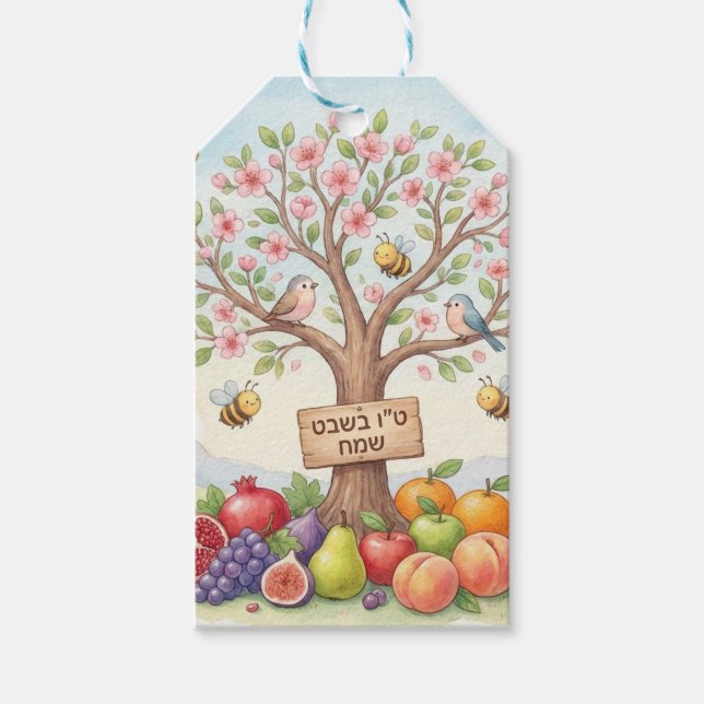 Happy Tu B'Shevat – Colorful Blossom & Fruit Geschenkanhänger (Vorderseite)