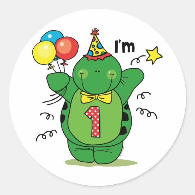 Happy Turtle 1. Geburtstag Runder Aufkleber (Vorderseite)