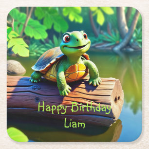 Happy Turtle Birthday Rechteckiger Pappuntersetzer