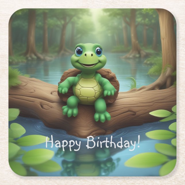 Happy Turtle Birthday Rechteckiger Pappuntersetzer (Vorderseite)