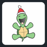 Happy Turtle Christmas Quadratischer Aufkleber<br><div class="desc">Es ist unsere beliebte Happy Turtle mit einer Drehung Urlaub!</div>