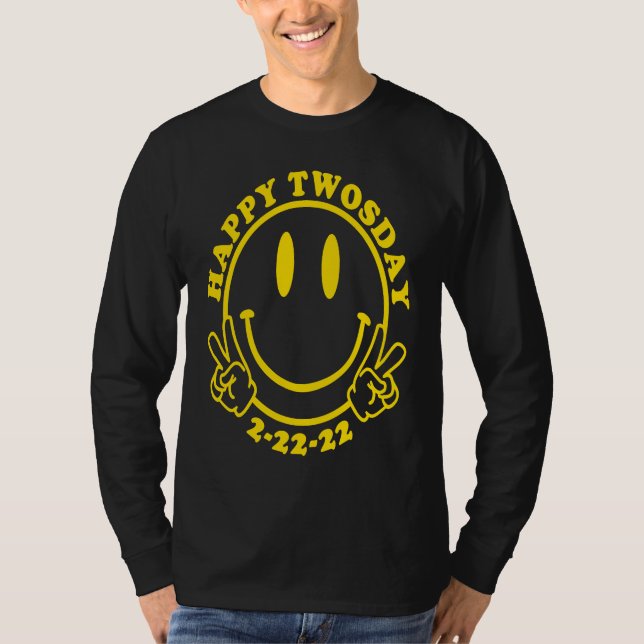Happy Twosday 2 22 22 Happy Face Retro Style Peace T-Shirt (Vorderseite)