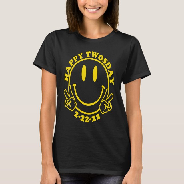 Happy Twosday 2 22 22 Happy Face Retro Style Peace T-Shirt (Vorderseite)