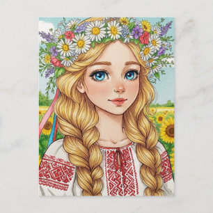 Happy Ukrainian Girl Blume Wreath Postcard Postkarte