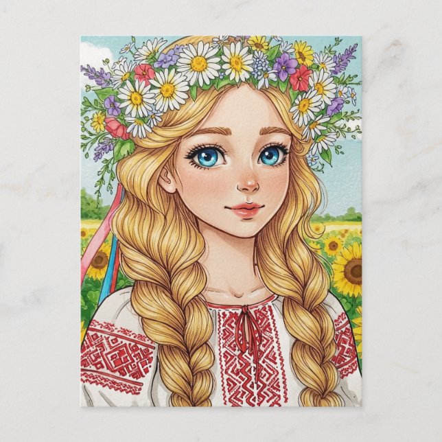 Happy Ukrainian Girl Blume Wreath Postcard Postkarte (Vorderseite)