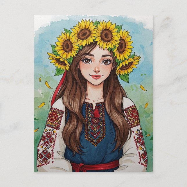 Happy Ukrainian Girl Sunflower Wreath Postcard Postkarte (Vorderseite)