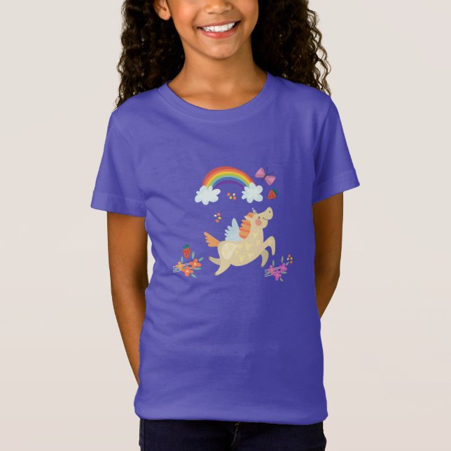 Happy Unicorn mit Regenbogenwolken und Blume T-Shirt (Vorderseite)