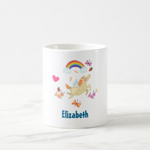 Happy Unicorn mit Regenbogenwolken und Blume Tasse