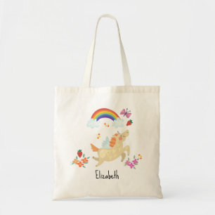 Happy Unicorn mit Regenbogenwolken und Blume Tragetasche